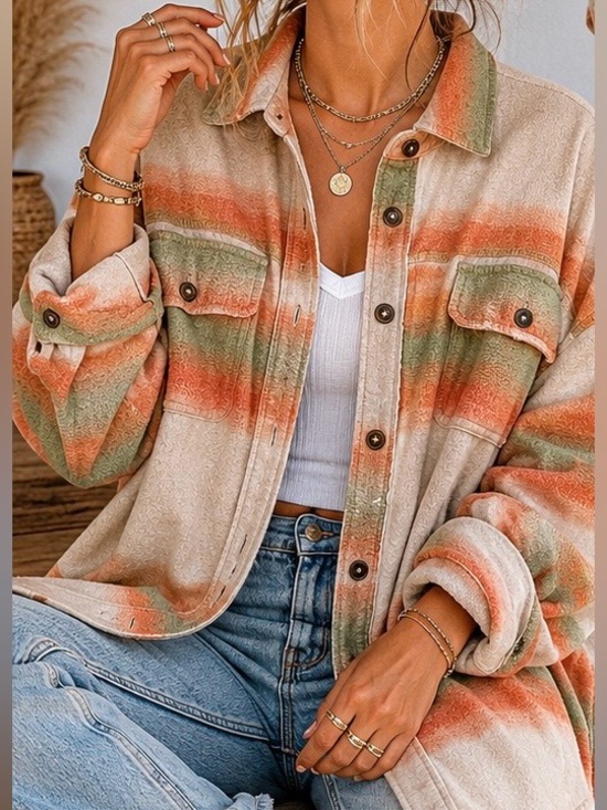 Free People Tops - Free People Earth Tones Striped Ruby Soft Distressed Button Down Shacket Size L